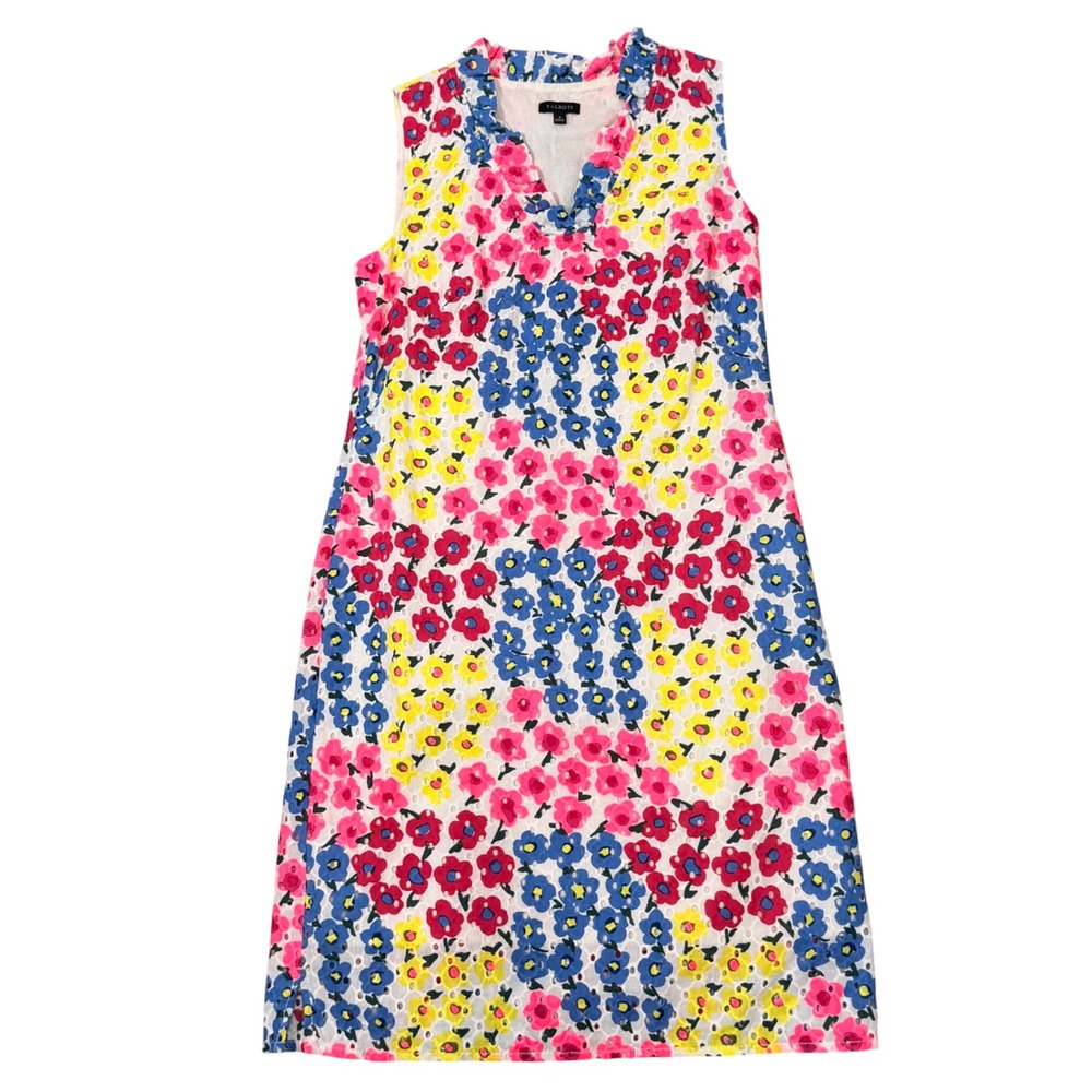 Talbots 100% Cotton Floral Eyelet Shift Dress (4) Ruffle Light Lined Bright